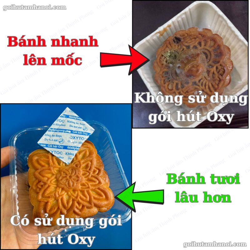 So sánh chiếc bánh có sử dụng gói hút Oxy và bánh không sử dụng gói hút Oxy