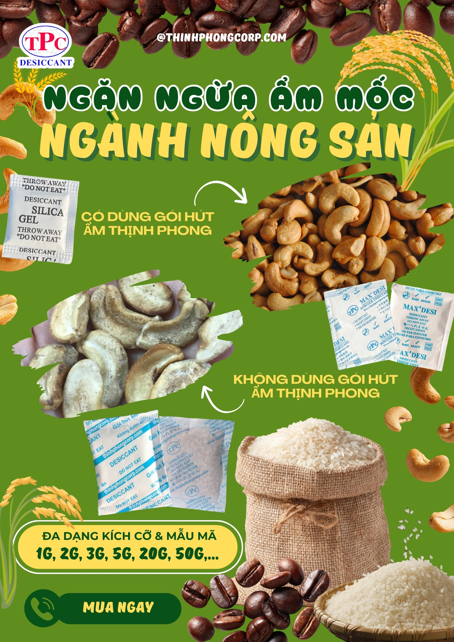 gói hút ẩm cho nông sản hạt điều